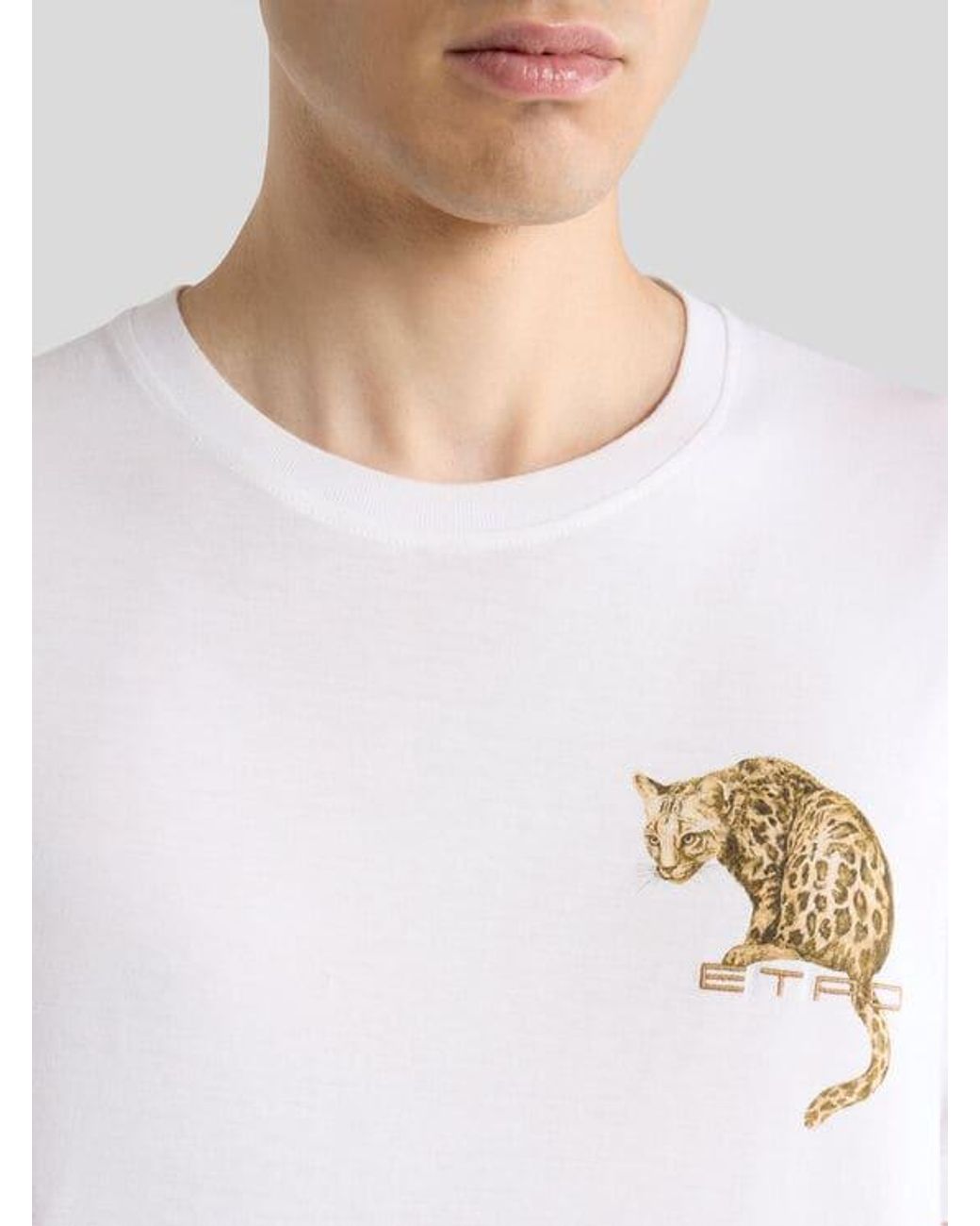 Etro White Cotton T-Shirt With Leopard Print And Embroidery for men