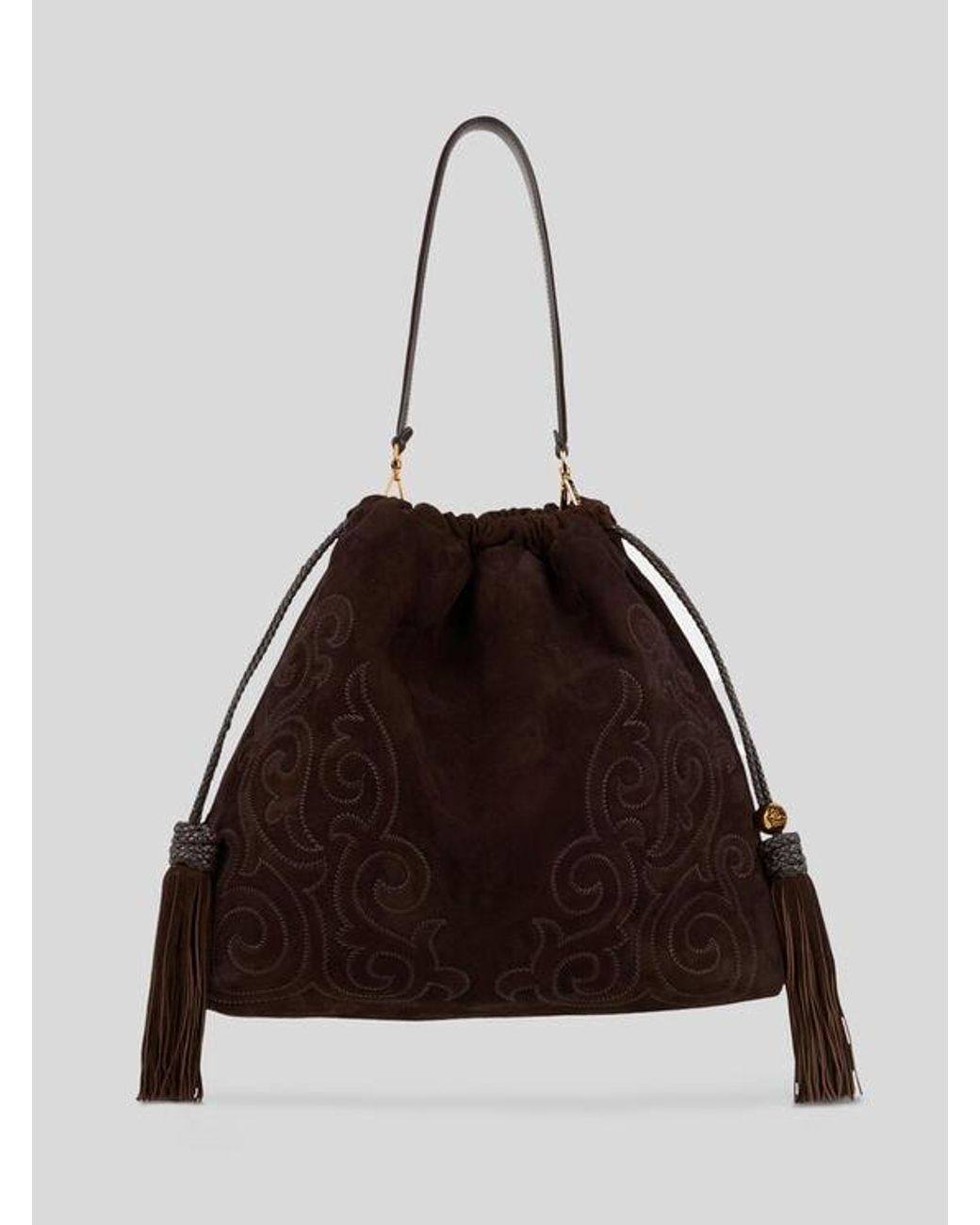 Etro Brown Large Suede Kalispera Bag With Patch And Tassels