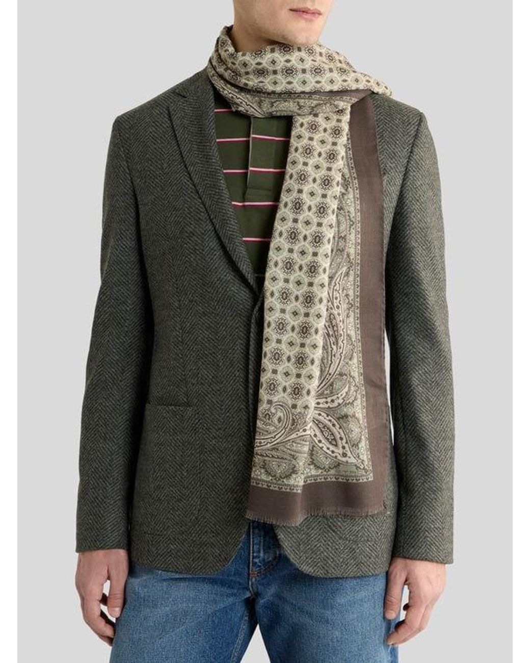 Etro Natural Wool Scarf With Tie Motif And Paisleys for men
