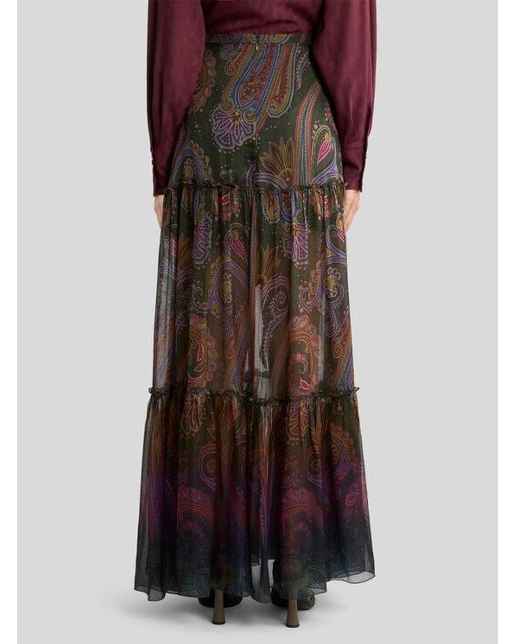 Etro Brown Silk Maxi Skirt With Placed Paisley Print
