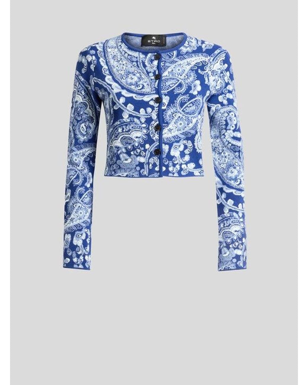 Etro Blue Jacquard Cropped Cardigan With Floral Paisley Motif
