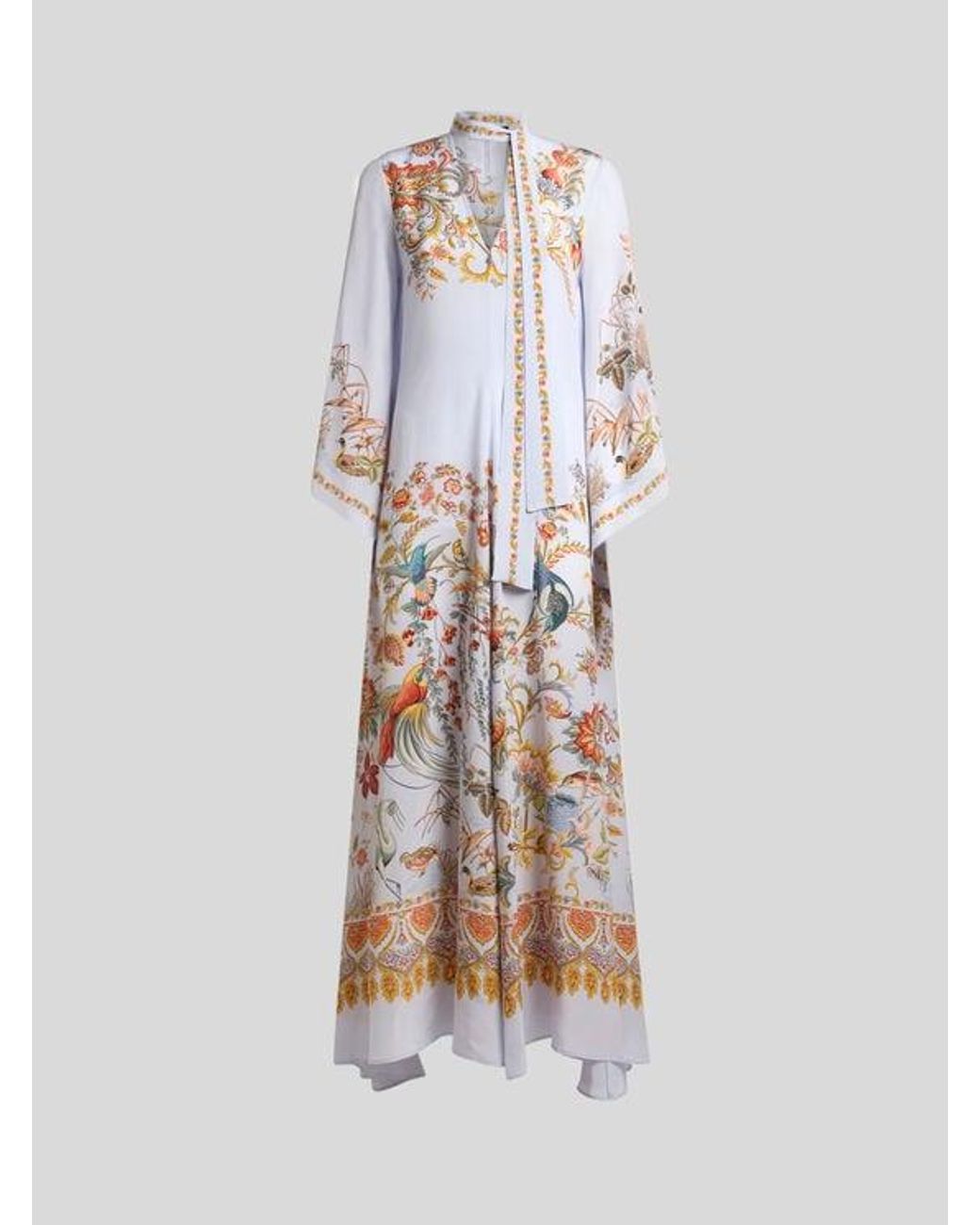 Etro White Long Silk Dress With Silk Scarf And Placed Flora And Fauna Print