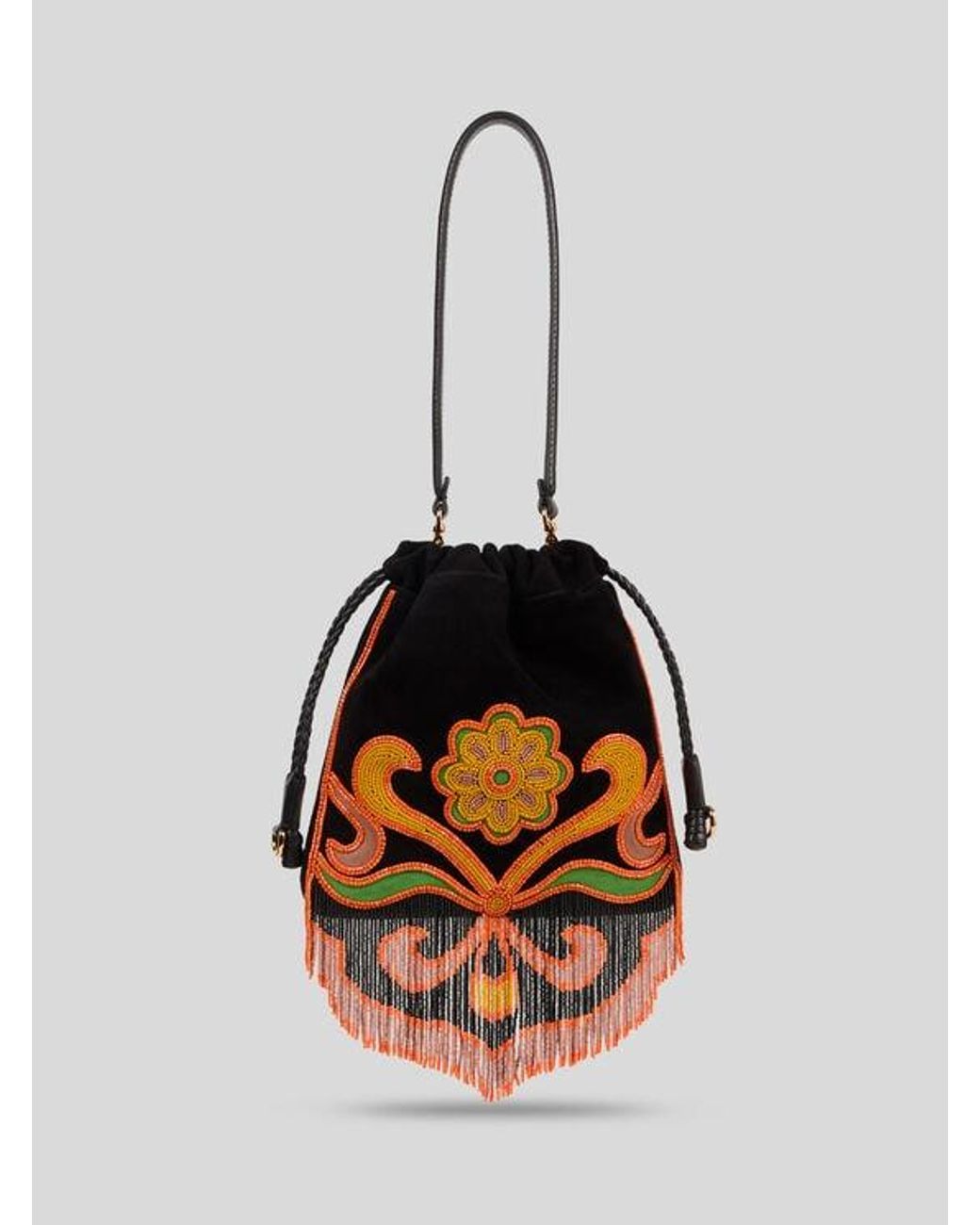 Etro Black Small Suede Kalispera Bag With Beads And Fringes