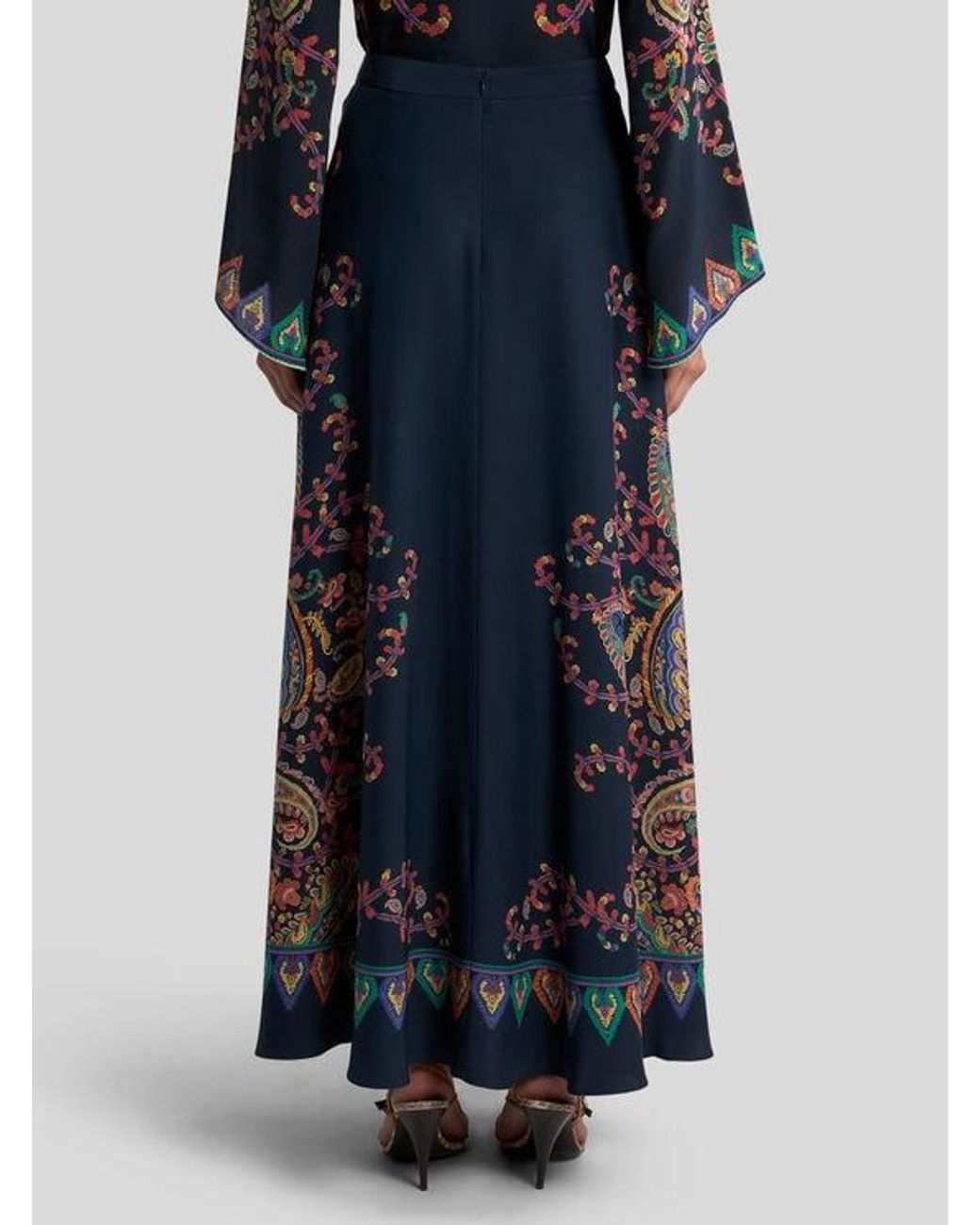 Etro Blue Silk Maxi Skirt With Placed Floral Paisley Print