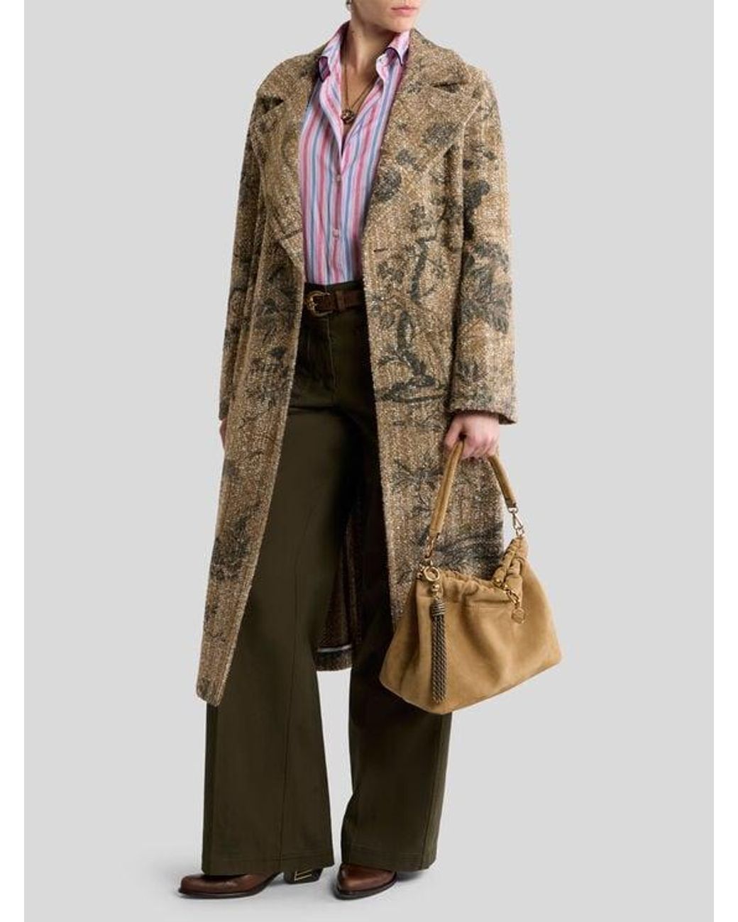 Etro Natural Bouclé Wrap Coat With Flower And Animal Motif