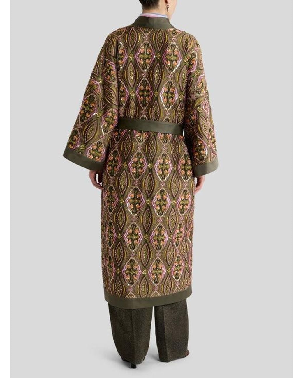 Etro Green Kimono Coat With Beads And Floral Medallion Embroidery