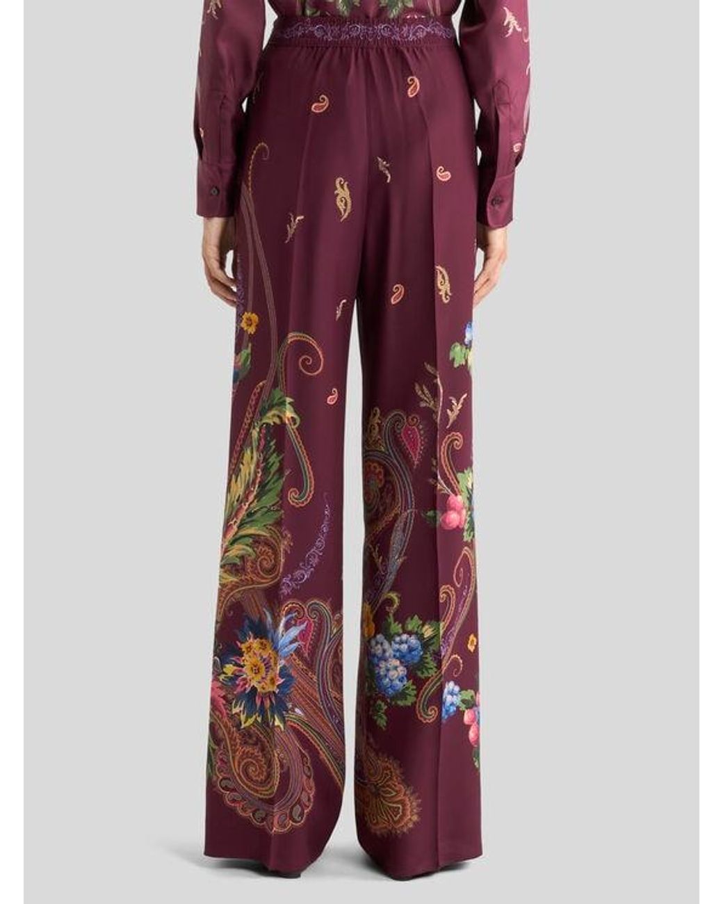 Etro Red Silk Trousers With Micro Motif And Placed Floral Paisley Print