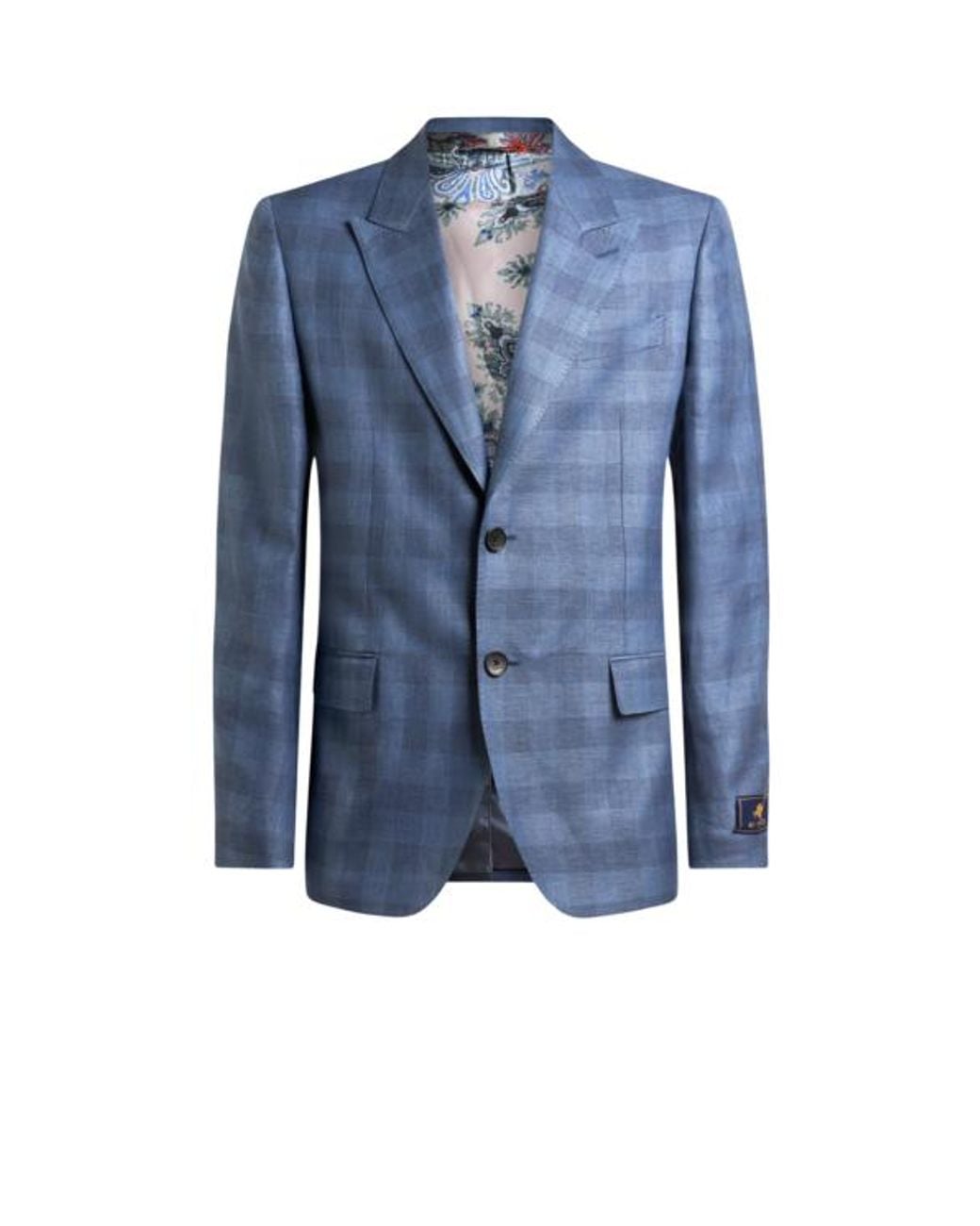 Etro Blue Single-Breasted Linen-Blend Jacquard Jacket With Check Motif for men