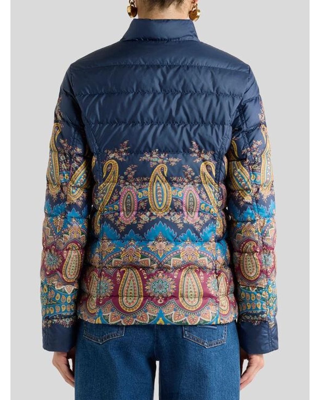 Etro Blue Down Jacket With Placed Paisley Print
