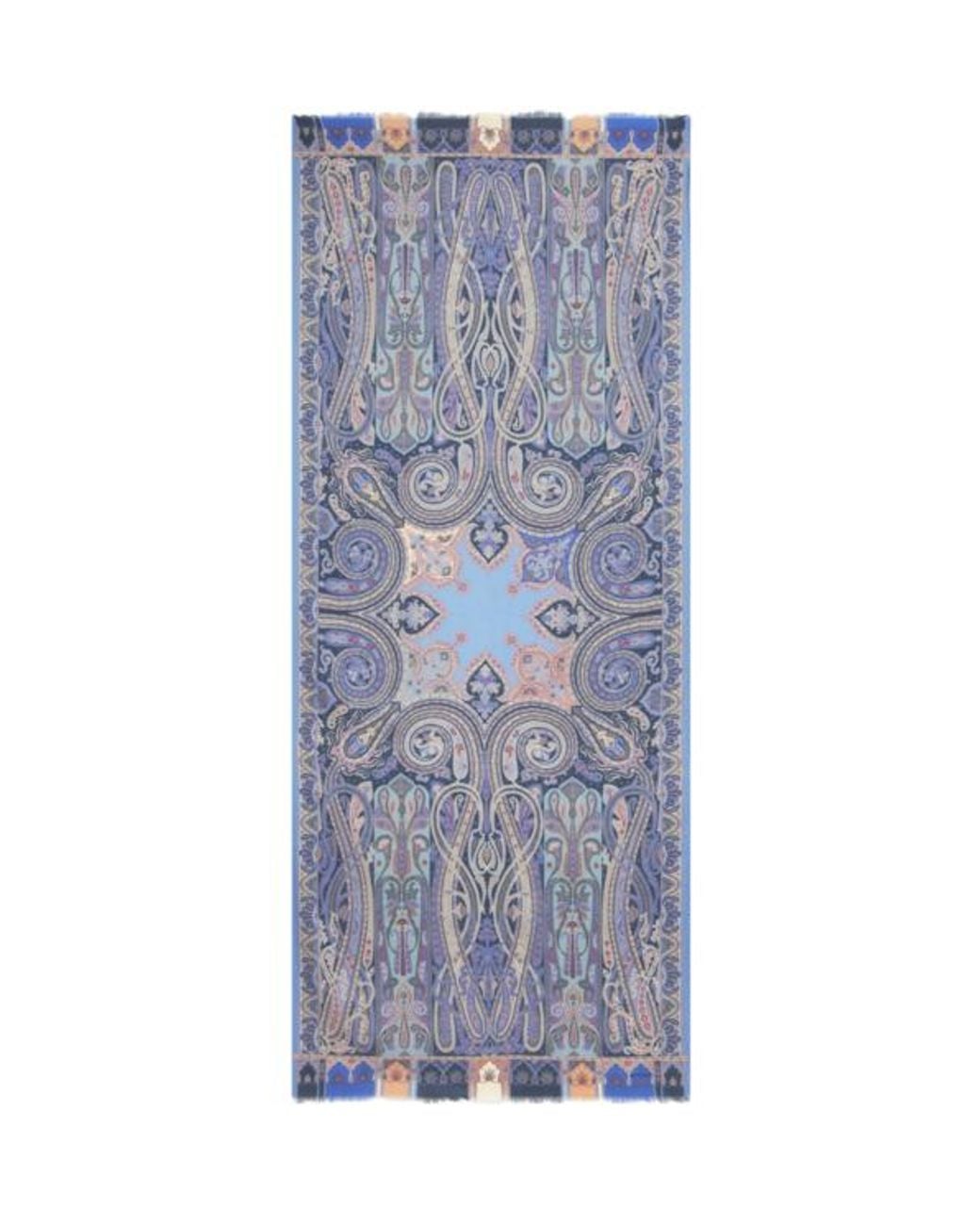 Etro Blue Cashmere, Silk And Wool Scarf With Damask Paisley Motif