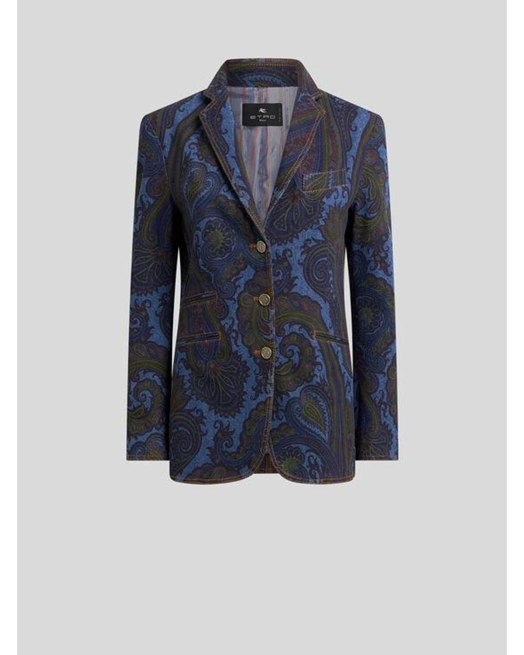 Etro Blue Single-Breasted Stretch Cotton Denim Jacket With Paisley Motif