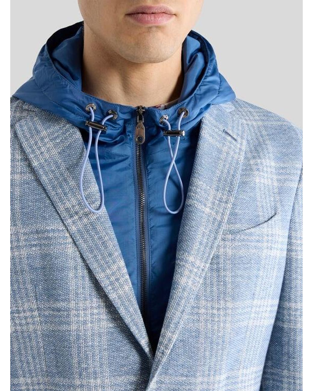 Etro Blue Check Jersey Jacket With Removable Bib And Hood for men