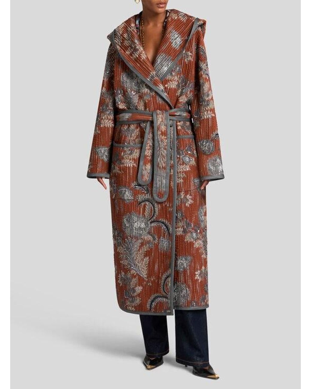 Etro Brown Quilted Jacquard Coat With Embroidery