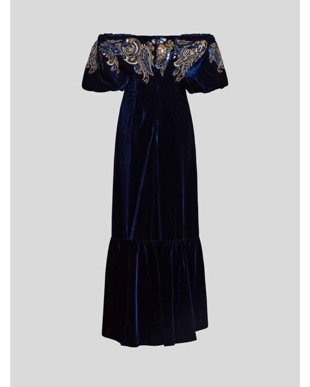 Etro Black Long Velvet Dress With Paisley Foliage Embroidery