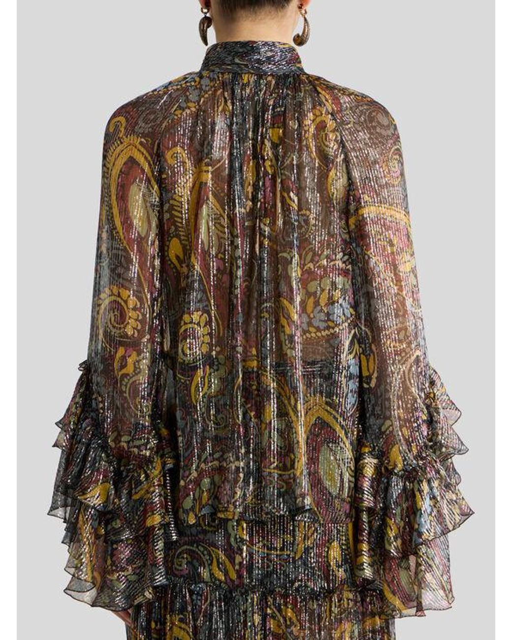Etro Brown Silk Shirt With Ruffles And Striped Floral Paisley Motif