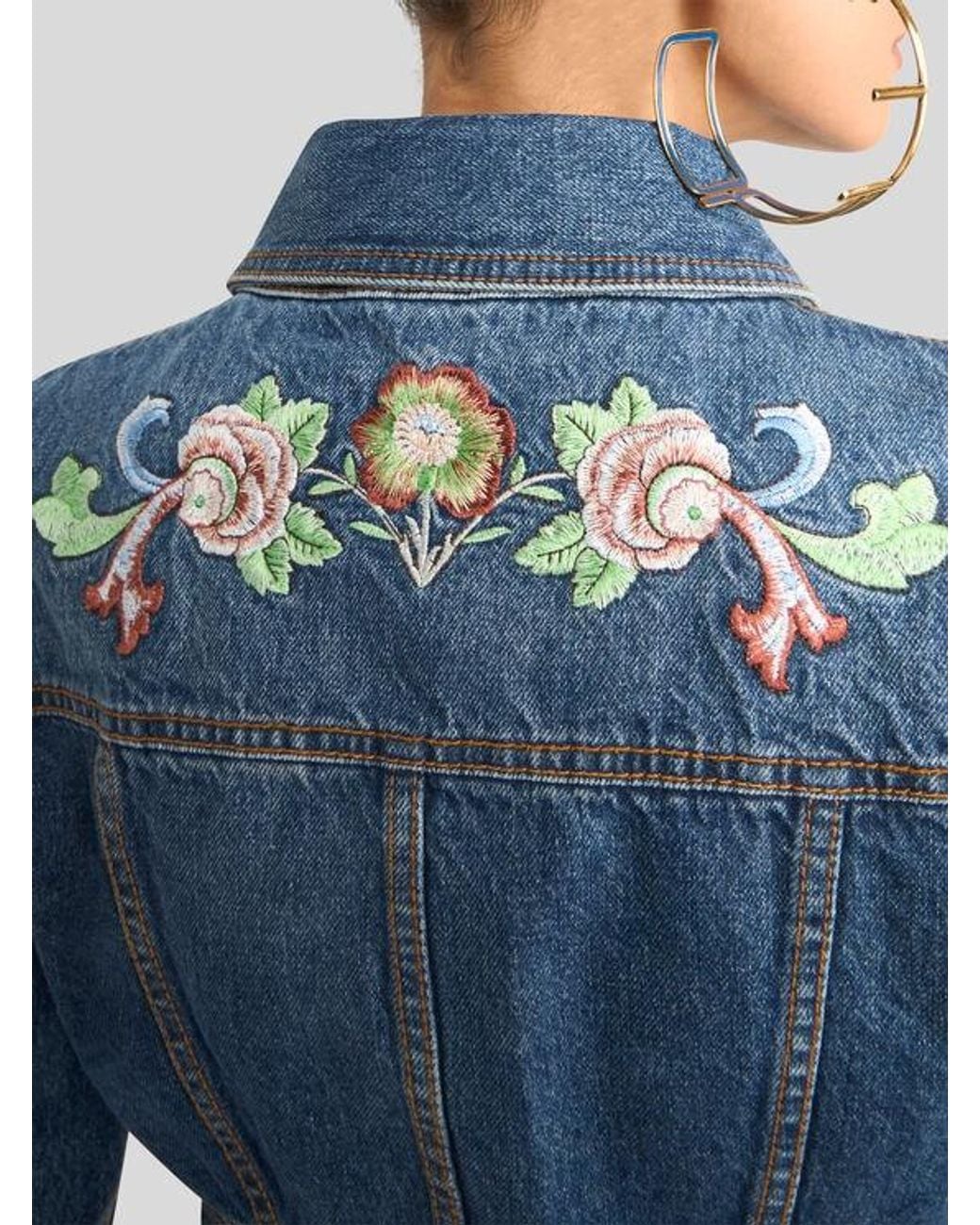 Etro Blue Cropped Denim Jacket With Floral Embroidery