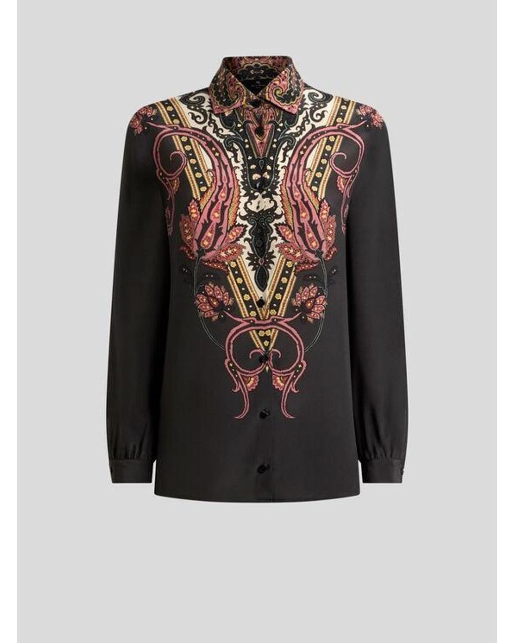 Etro Black Silk Shirt With Placed Floral Paisley Print
