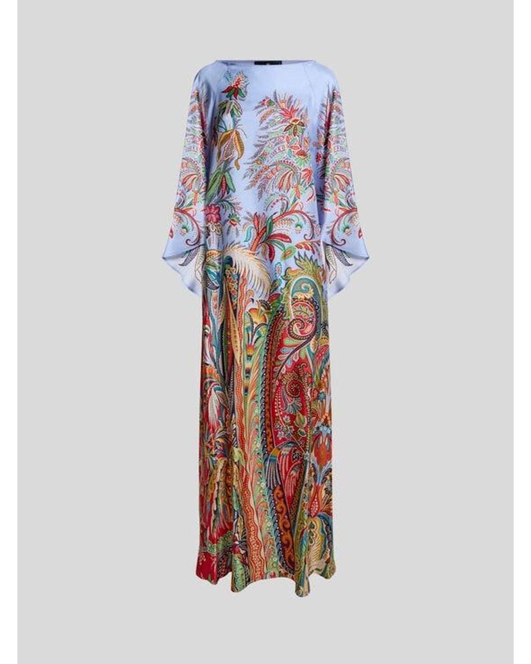 Etro White Long Twill Dress With Placed Paisley Foliage Print