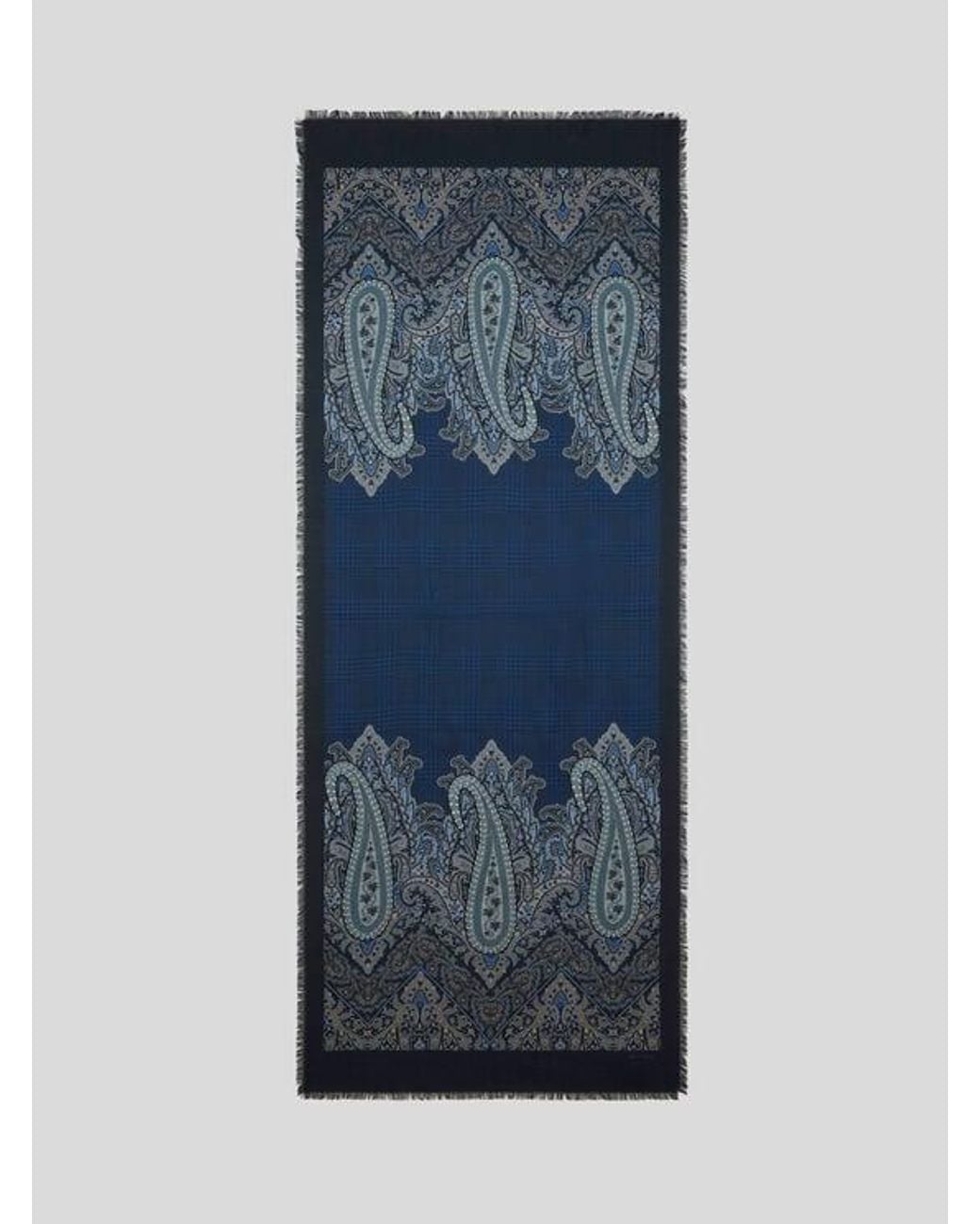 Etro Blue Wool-Blend Scarf With Paisley And Check Motif for men