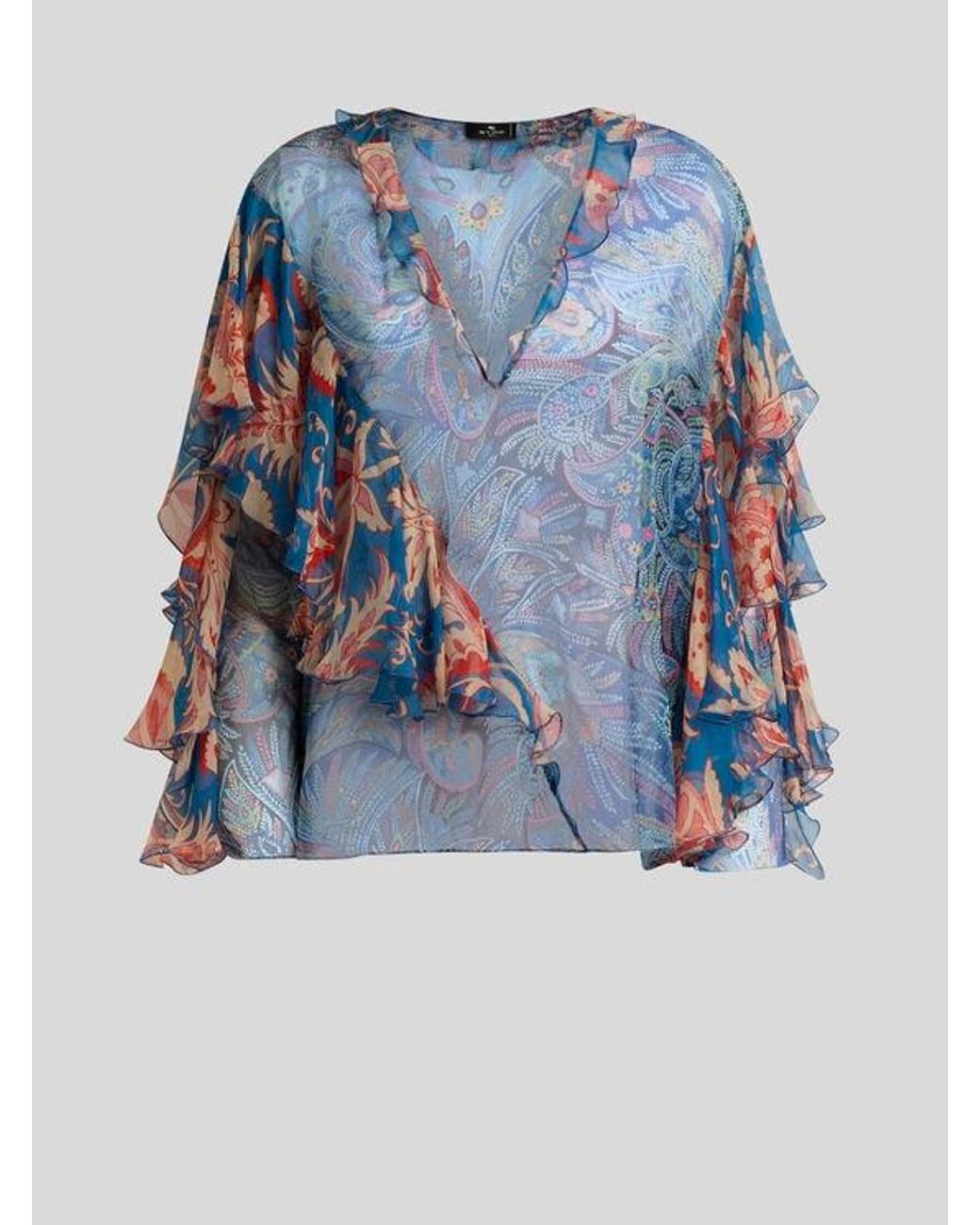 Etro Blue Long-Sleeved Silk Blouse With Ruffles And Floral Motif