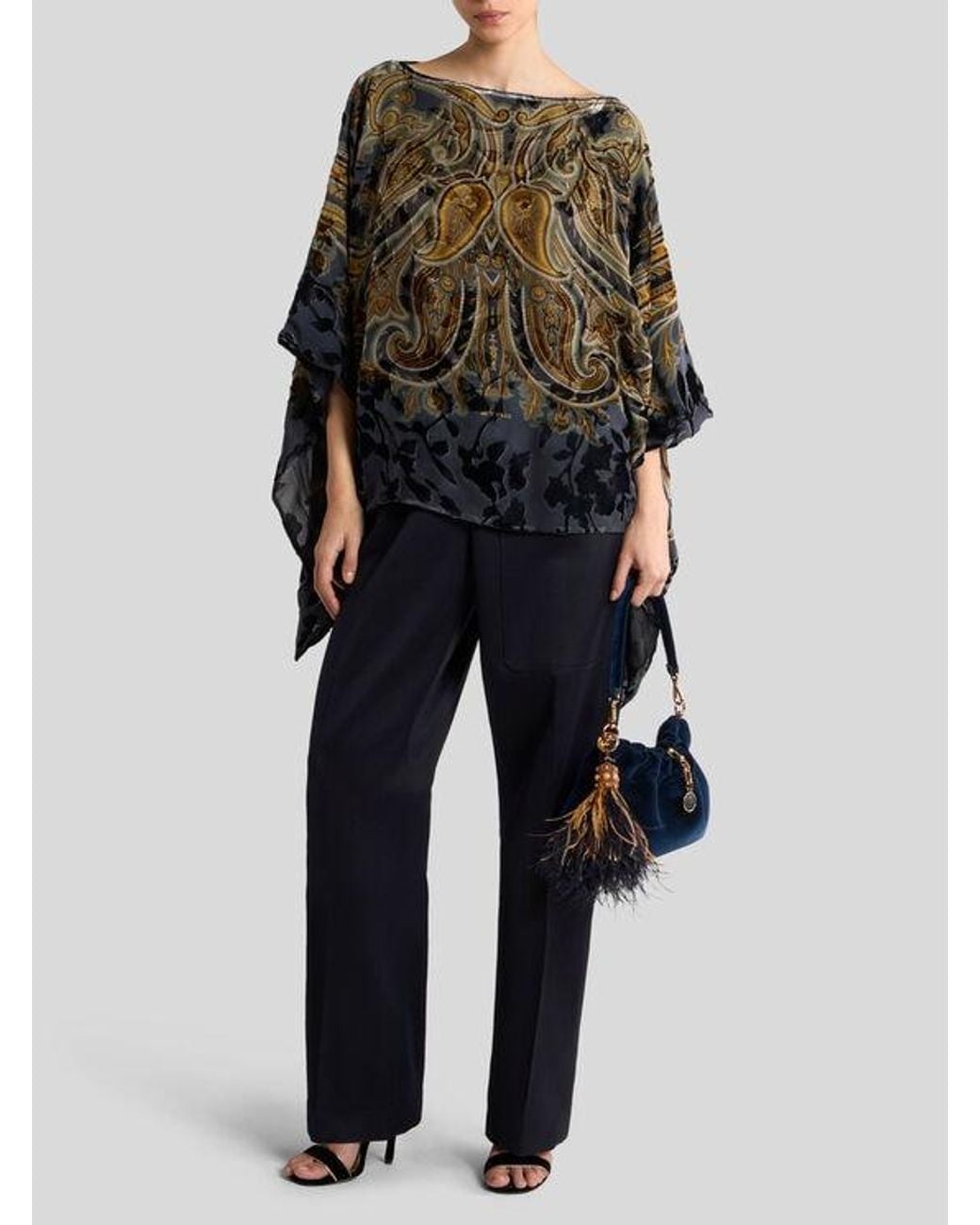Etro Black Burnout Velvet Poncho Top With Placed Paisley Print