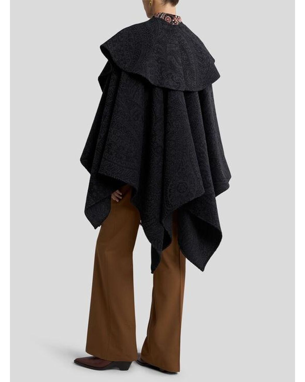 Etro Black Wool-Blend Jacquard Cape With Paisley Foliage Motif