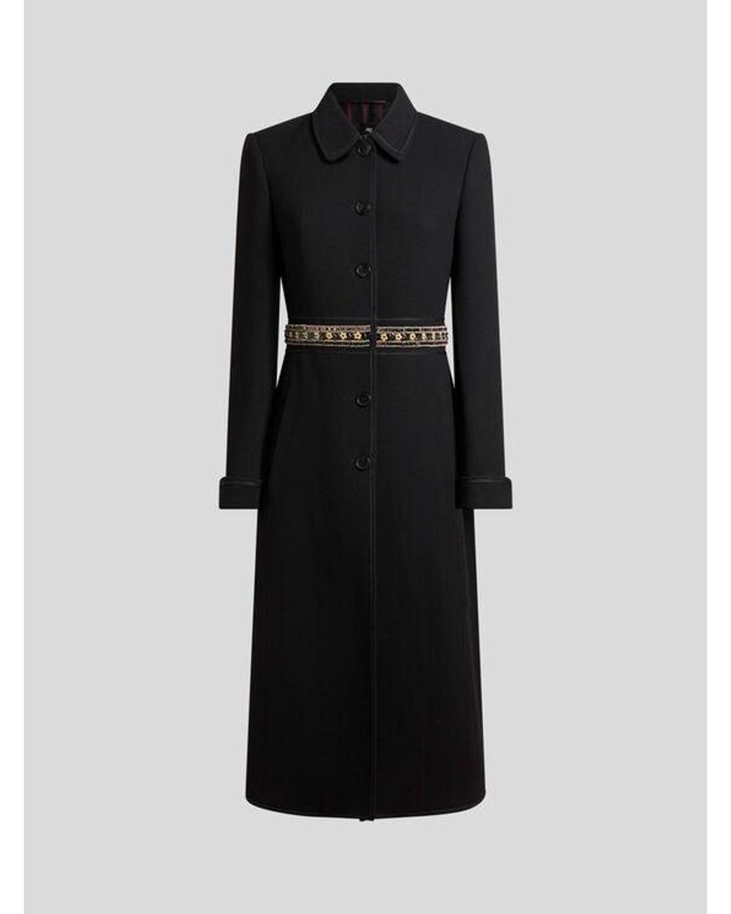 Etro Black Wool Coat With Jewel Embellishments