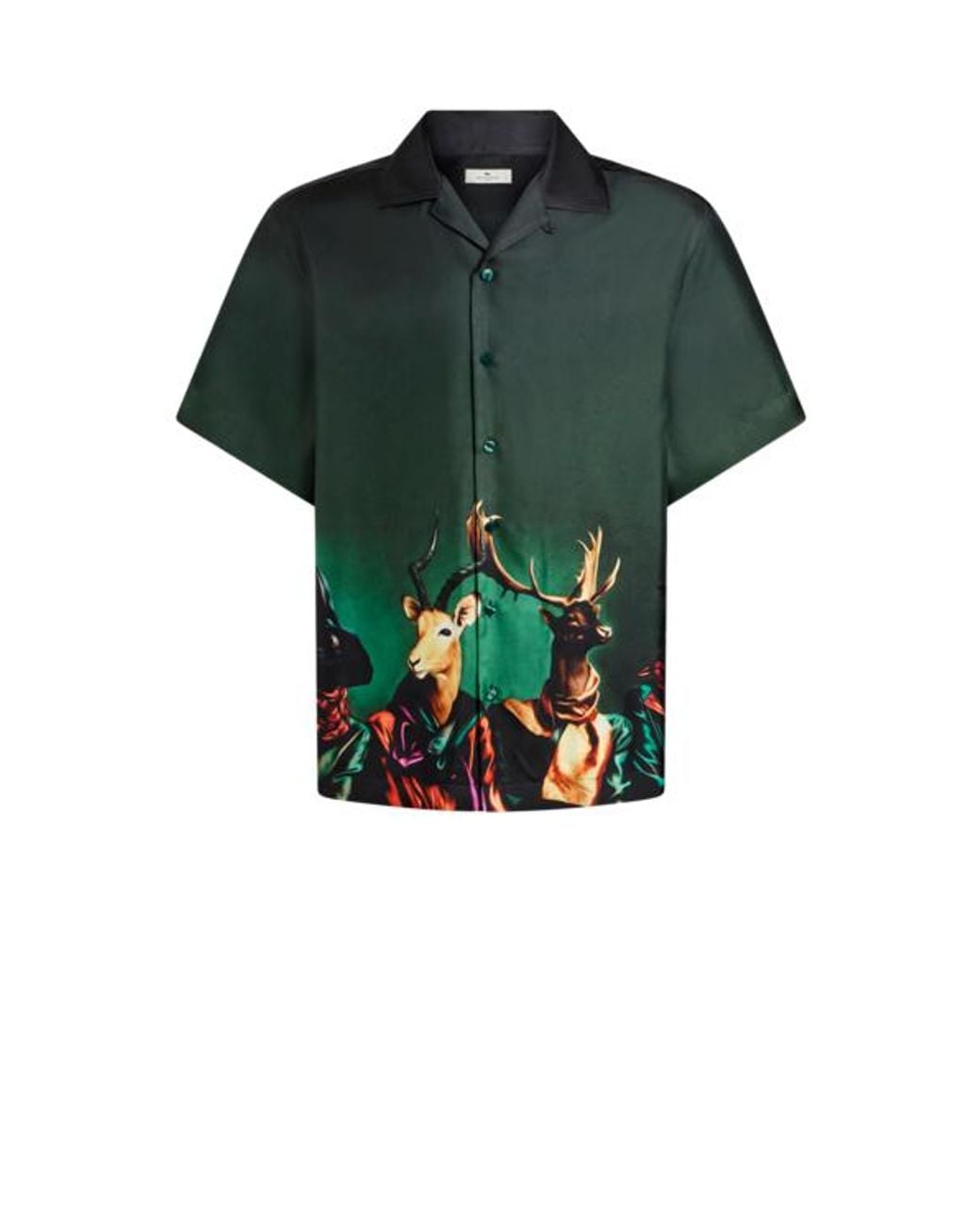 Etro Green Silk Bowling Shirt With Placed Animal Print for men