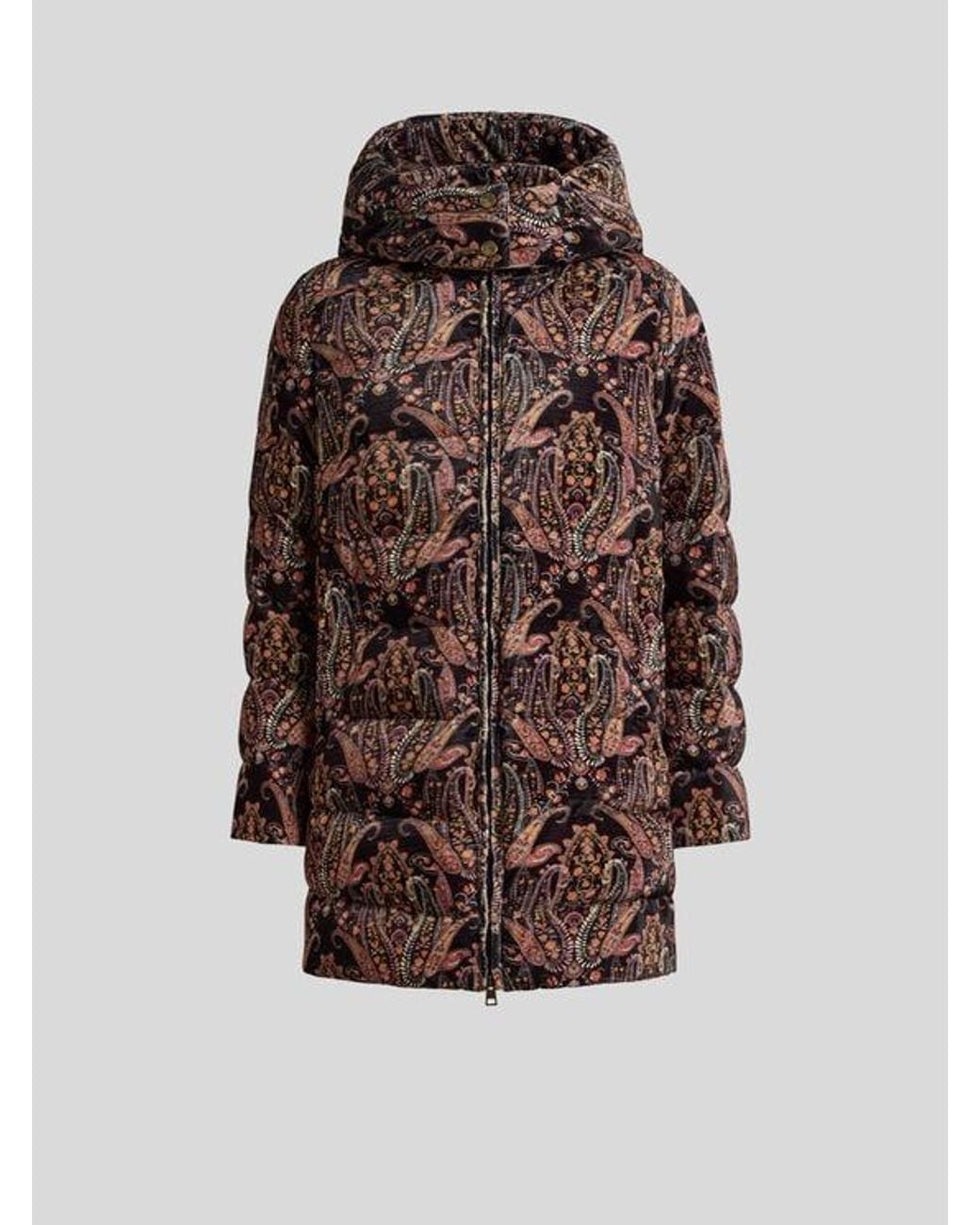 Etro Brown Velvet Down Jacket With Floral Paisley Motif