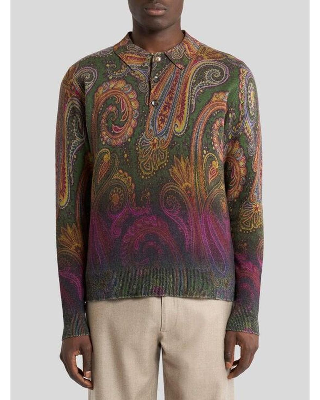 Etro Brown Long-Sleeved Wool Polo Shirt With Degradé Paisley Motif for men