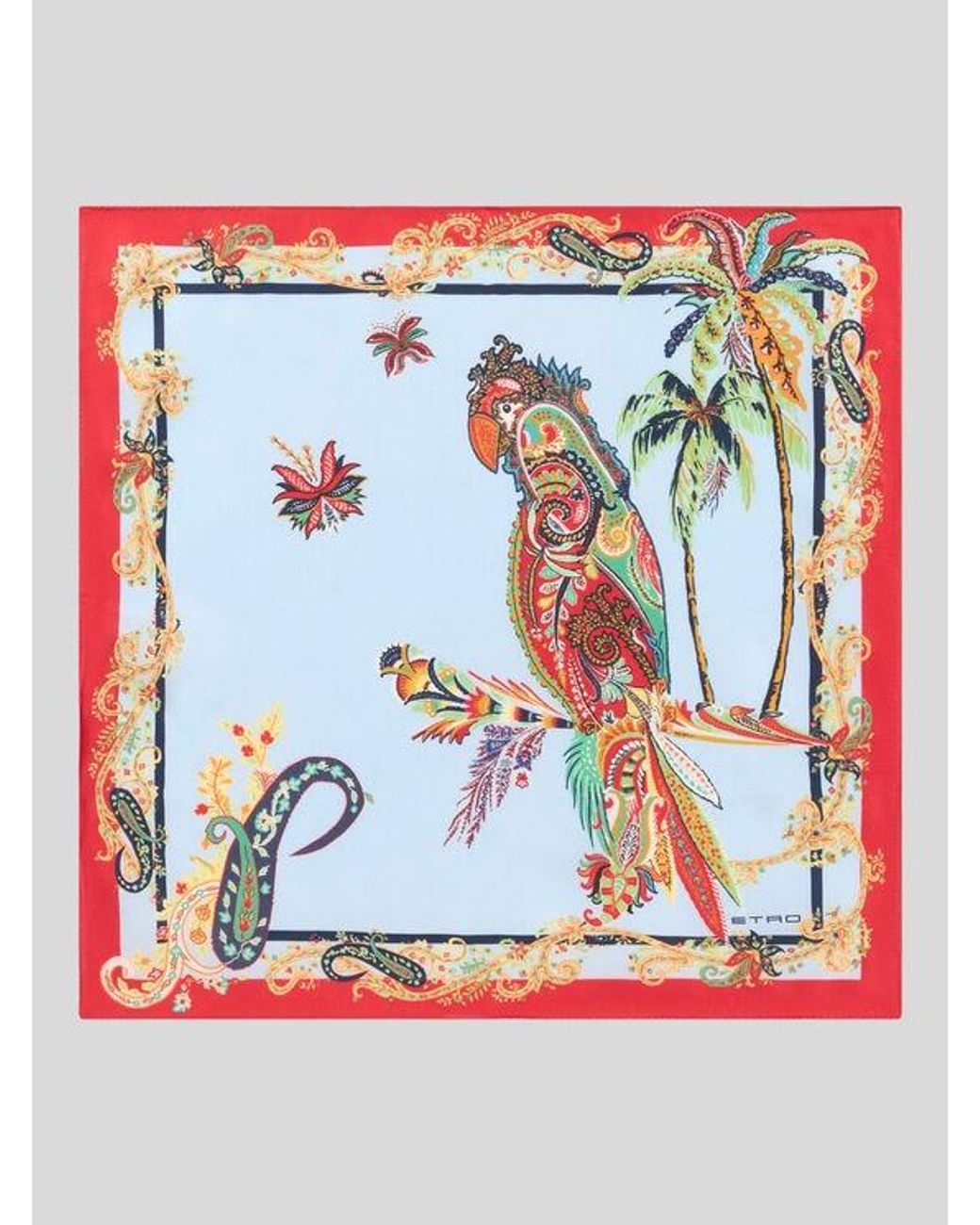 Etro Red Silk Pocket Square With Parrot And Paisley Print for men
