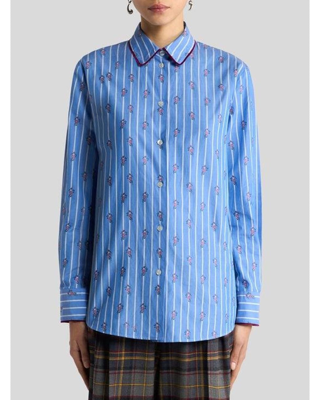 Etro Blue Cotton Jacquard Shirt With Trim And Fil Coupé Stripe And Flower Motif