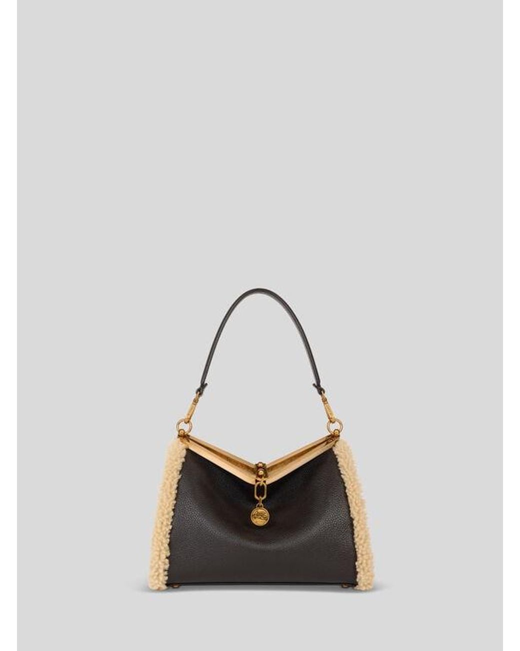 Etro Black Medium Leather Vela Bag With Shearling Details