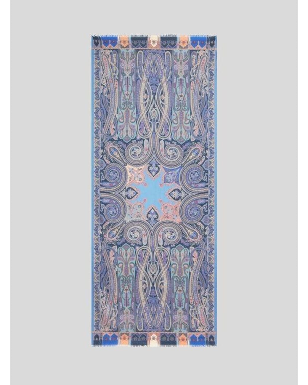 Etro Blue Cashmere, Silk And Wool Scarf With Damask Paisley Motif