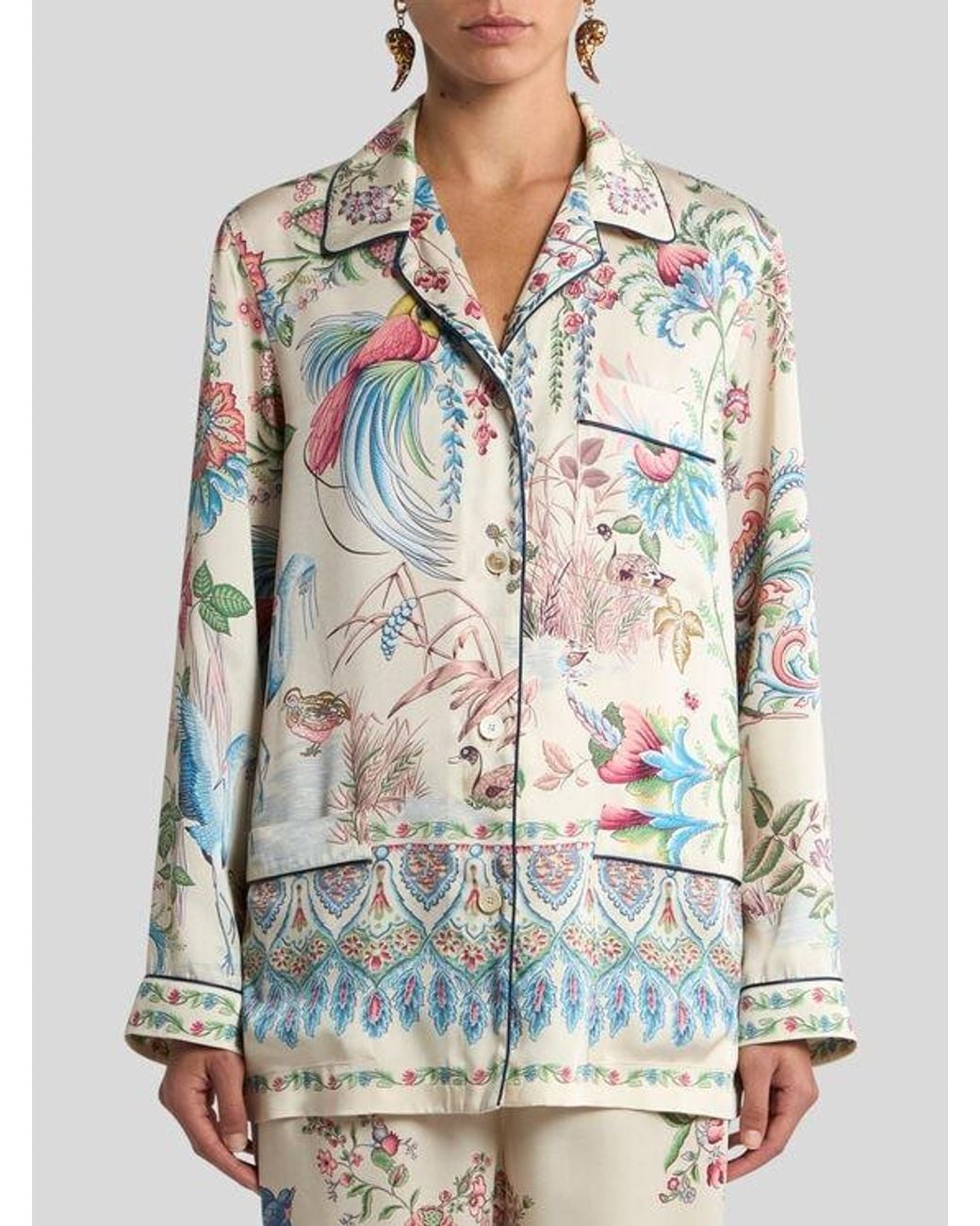 Etro White Twill Shirt With Placed Flora And Fauna Print