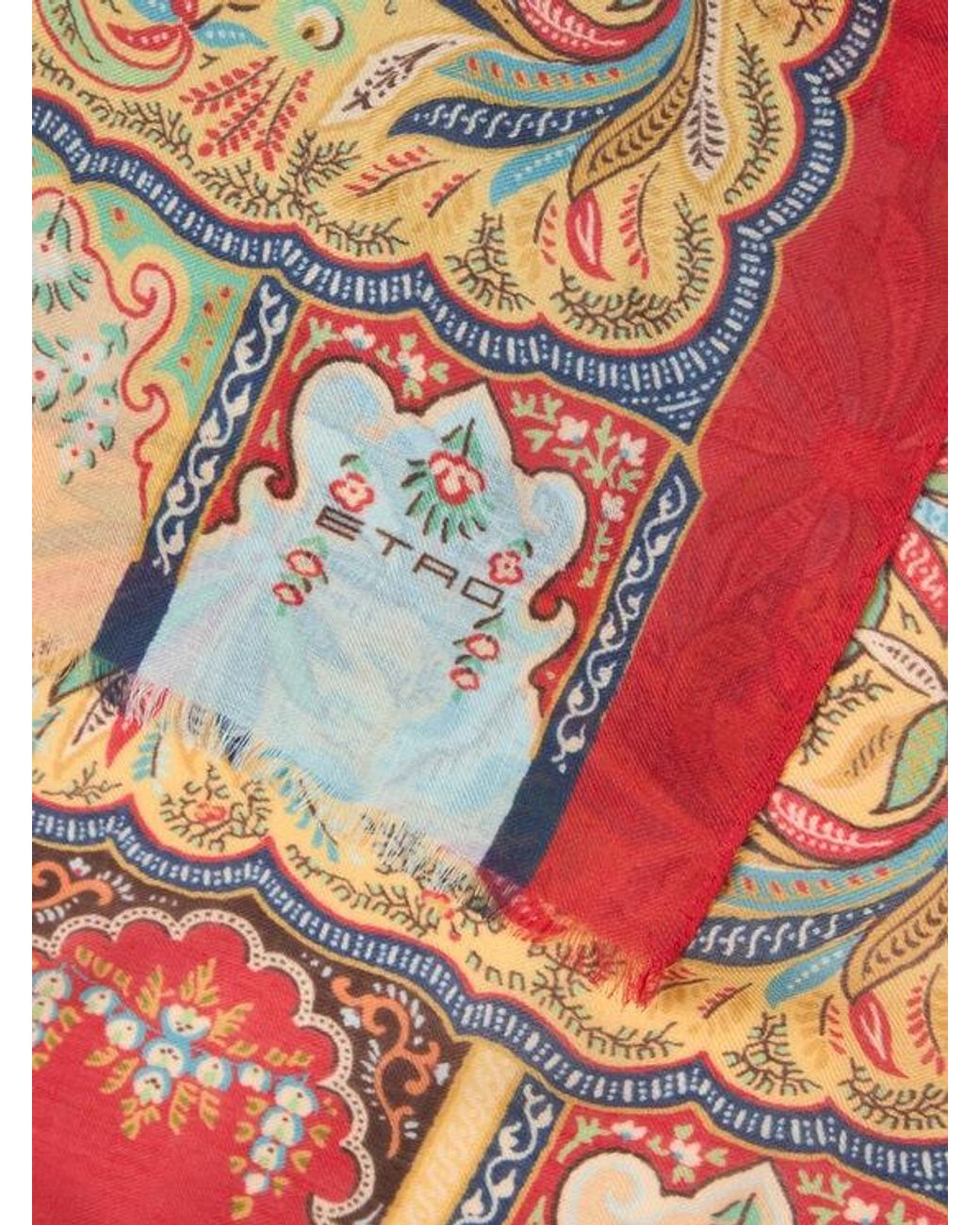 Etro Blue Modal And Cashmere Scarf With Placed Parrot Print And Paisleys for men