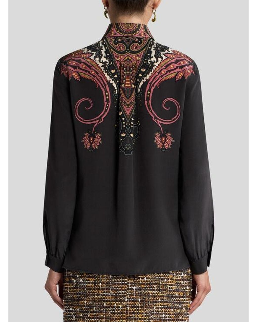 Etro Black Silk Shirt With Placed Floral Paisley Print