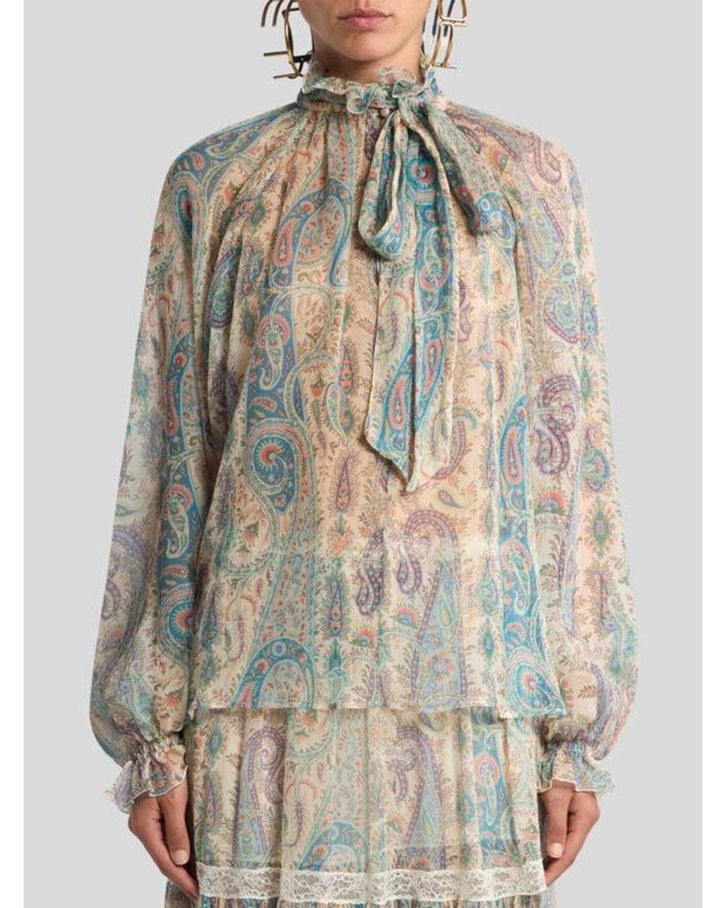 Etro Blue Silk Crepon Blouse With Silk Scarf And Paisley Foliage Motif