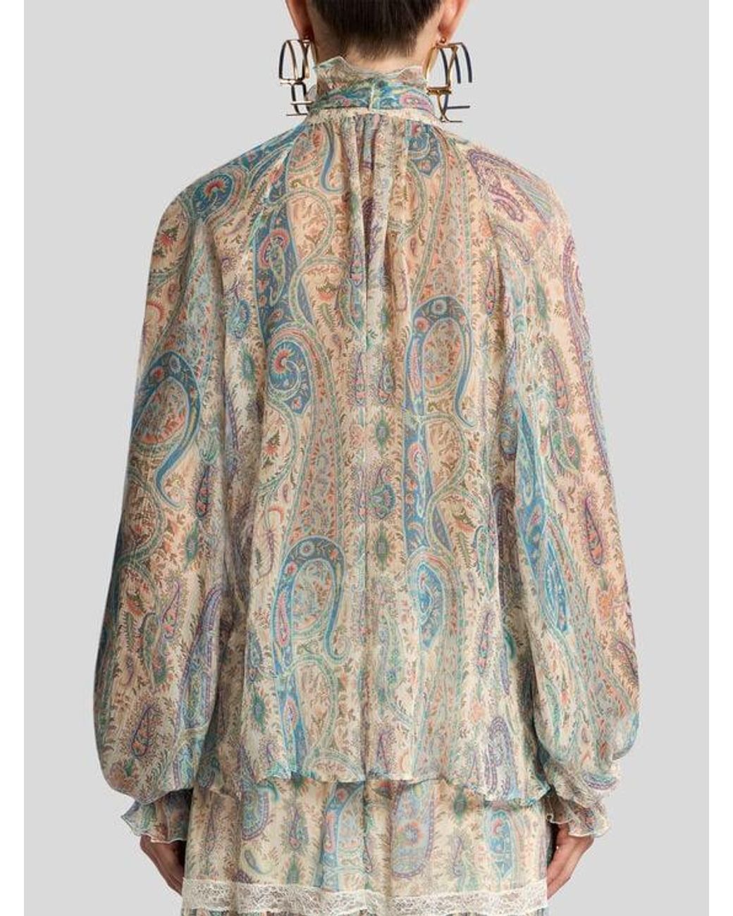 Etro Blue Silk Crepon Blouse With Silk Scarf And Paisley Foliage Motif