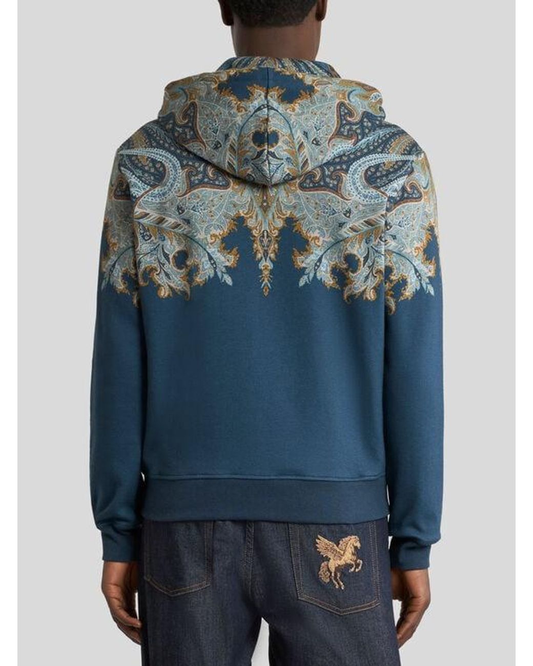 Etro Blue Cotton-Blend Hooded Sweatshirt With Placed Paisley Pochette Print for men