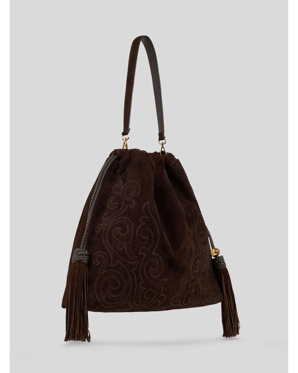 Etro Brown Large Suede Kalispera Bag With Patch And Tassels