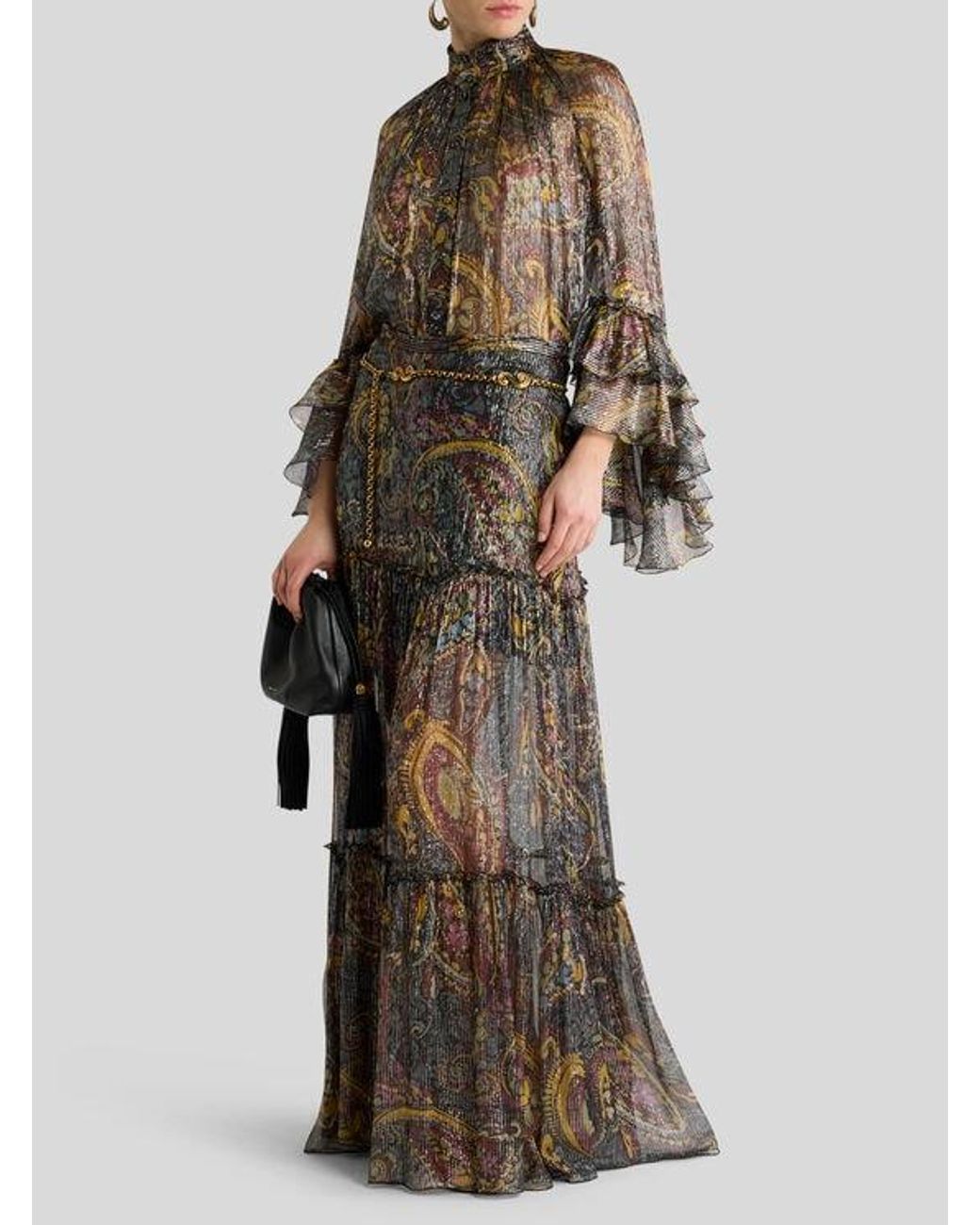 Etro Brown Silk Shirt With Ruffles And Striped Floral Paisley Motif