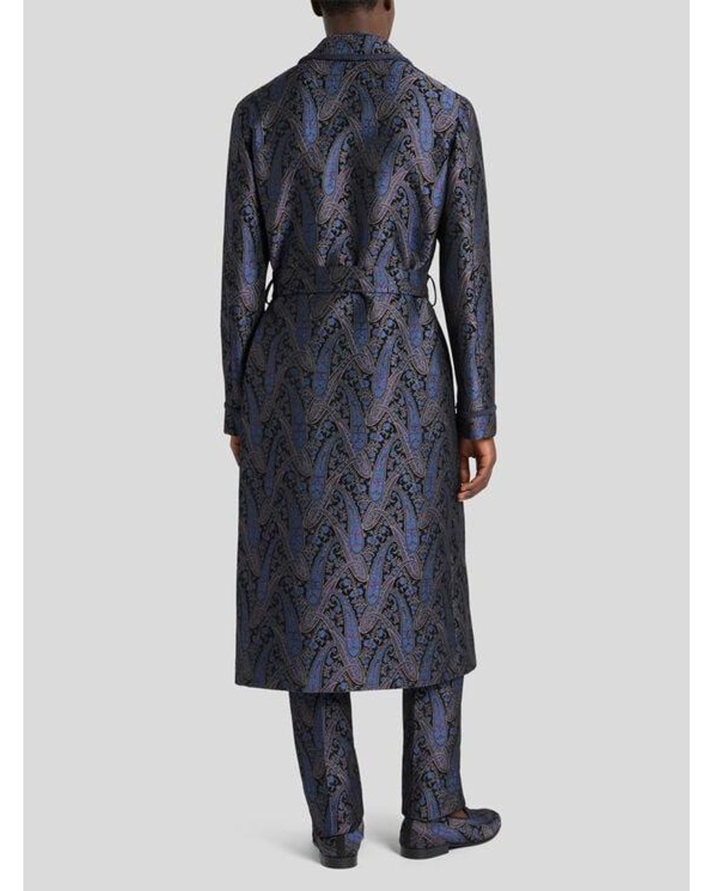 Etro Blue Chenille Jacquard Robe Coat With Metallic Paisley Motif for men