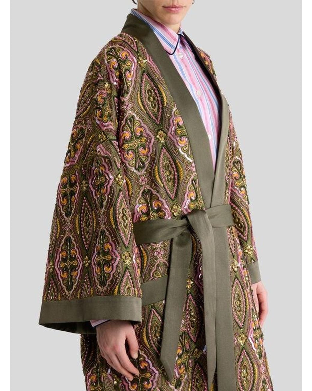 Etro Green Kimono Coat With Beads And Floral Medallion Embroidery