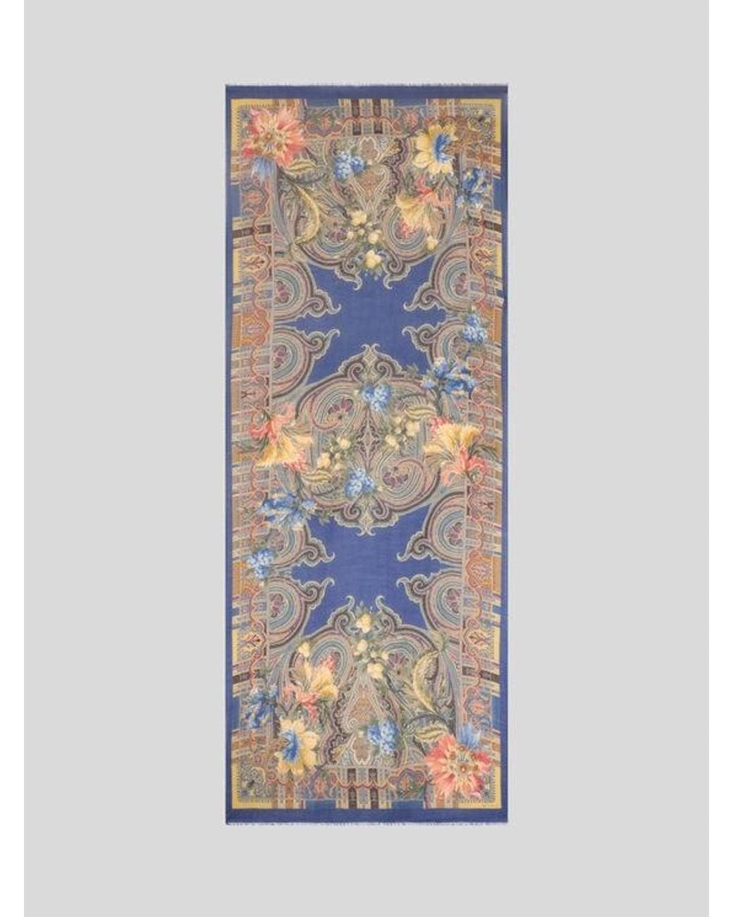 Etro Blue Wool, Cashmere And Silk Scarf With Paisley And Flower Motif