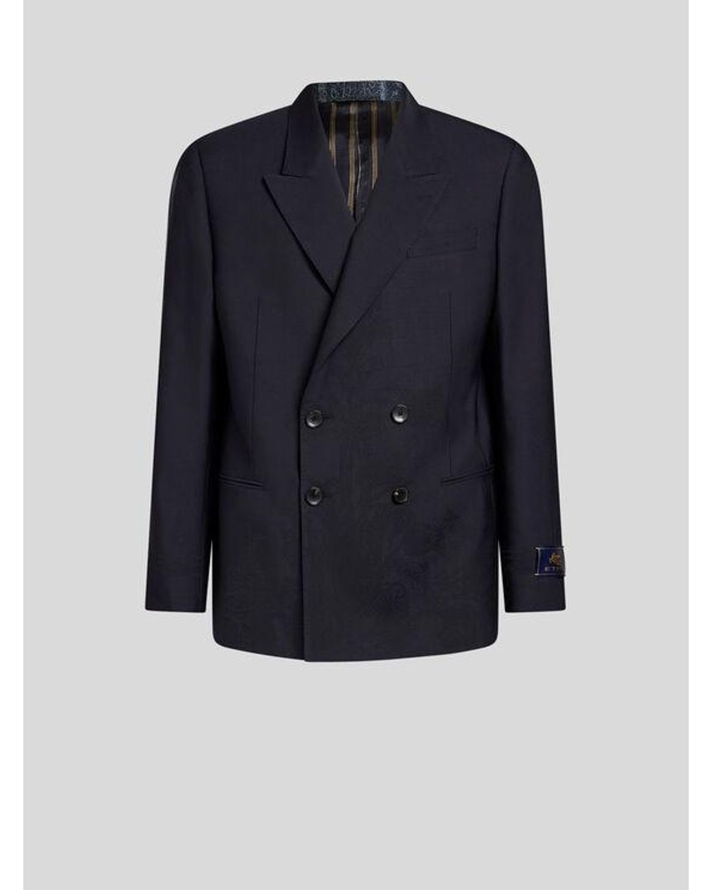 Etro Blue Double-Breasted Jacket With Placed Motif for men