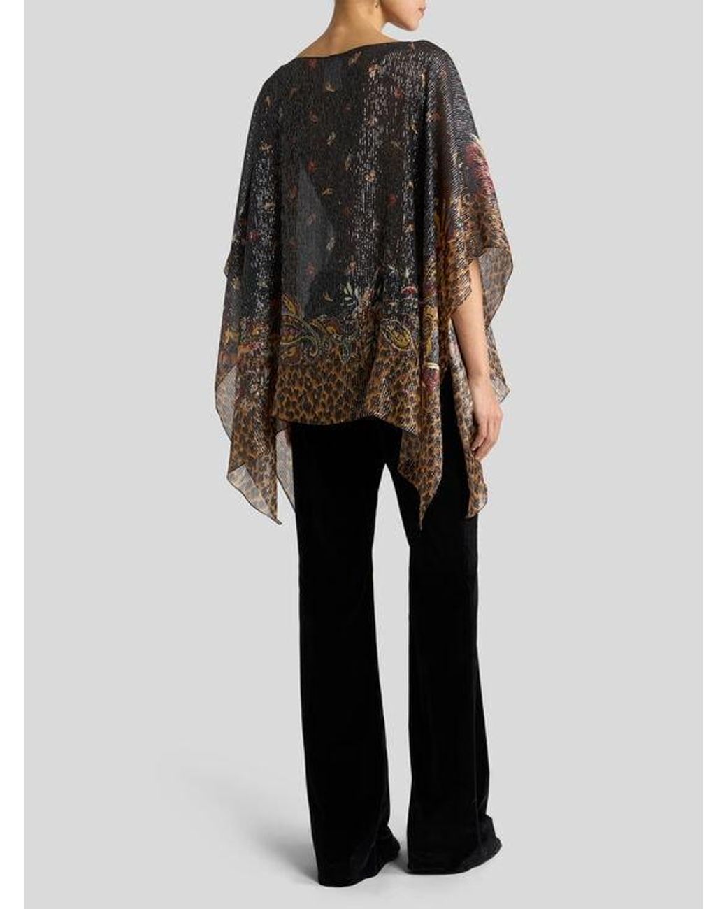 Etro Black Silk Poncho Top With Striped Animal And Floral Paisley Motif