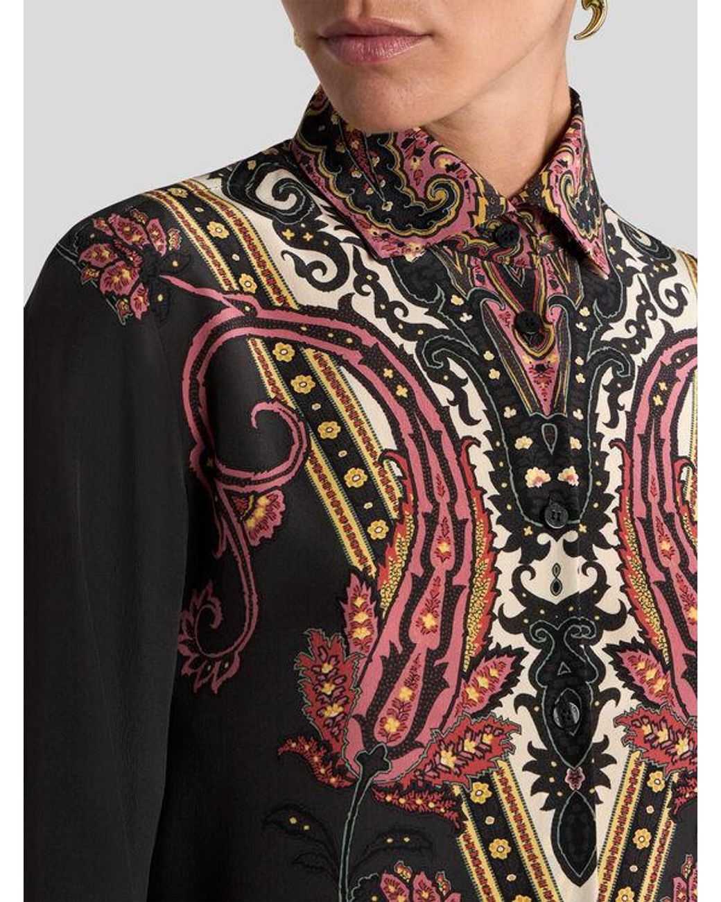 Etro Black Silk Shirt With Placed Floral Paisley Print