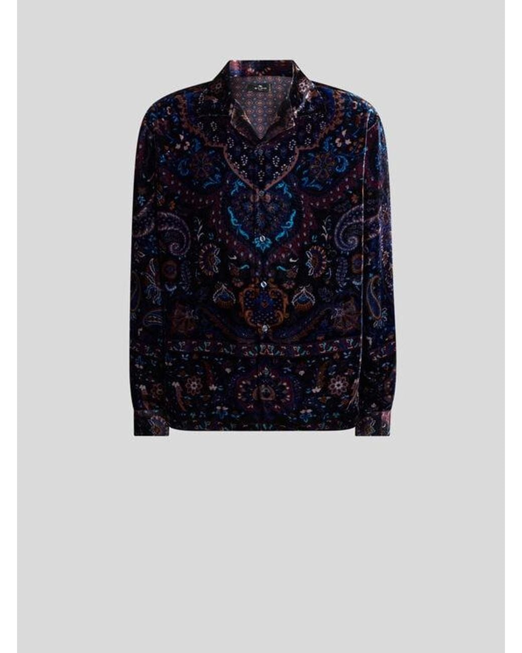 Etro Blue Silk Velvet Shirt With Placed Floral Medallion Print for men