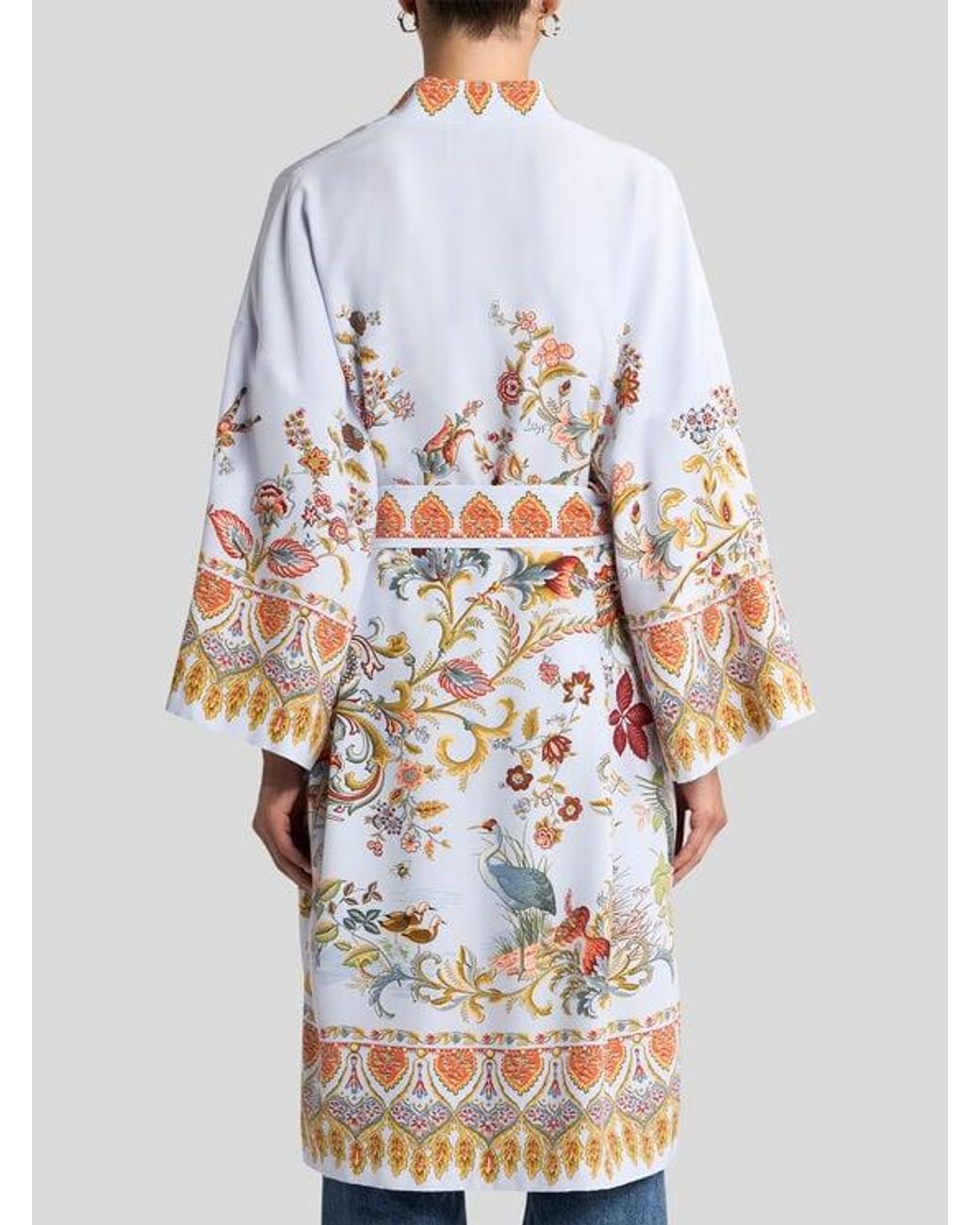 Etro White Silk Kimono With Placed Flora And Fauna Print